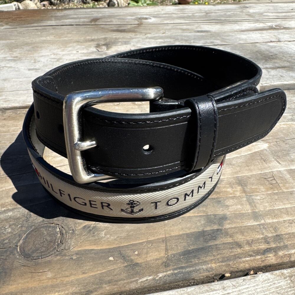 Tommy Hilfiger Black Leather & Nylon Logo Belt with Silver Buckle Cream Size 36